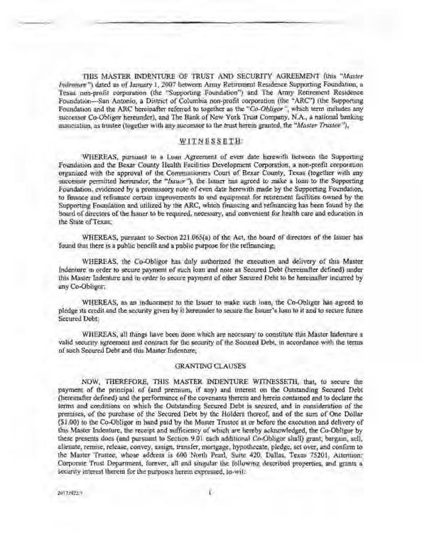~----------- -- -- THIS MASTER INDENTURE OF TRUST AND SECURITY AGREEMENT (this "Master Indenture") dated as of January 1, 2007 between Army Anny Retirement Residence Supporting Foundation, a Texas