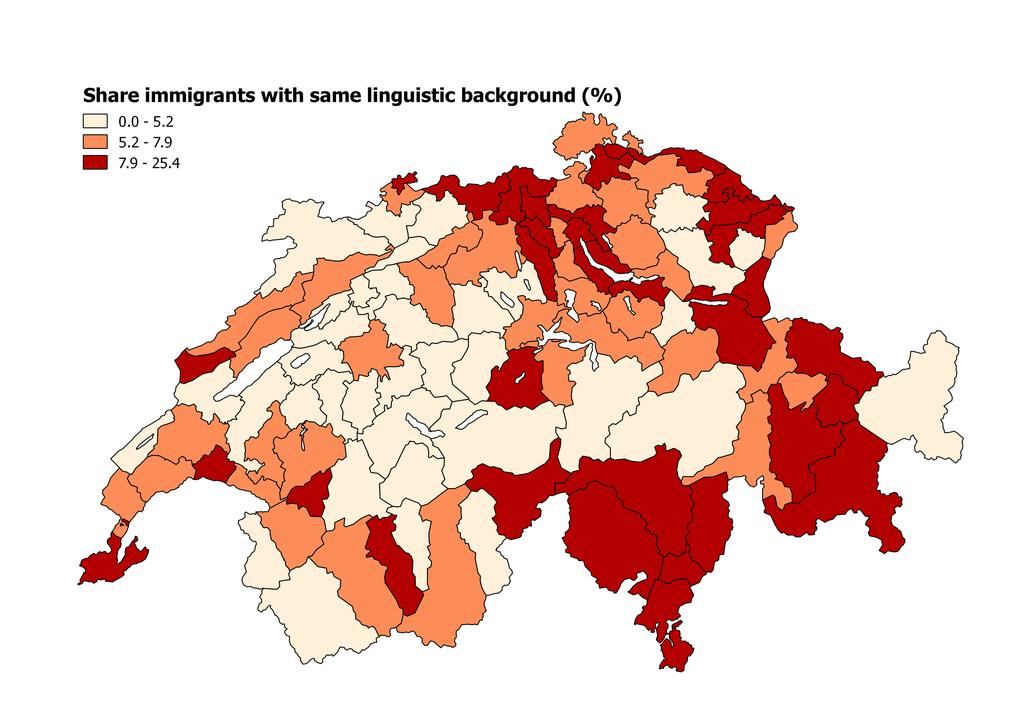 Figure 2: Incidence of immigrants with same and different linguistic background out of total population by spatial mobility region Notes - Share of immigrants with same and different linguistic