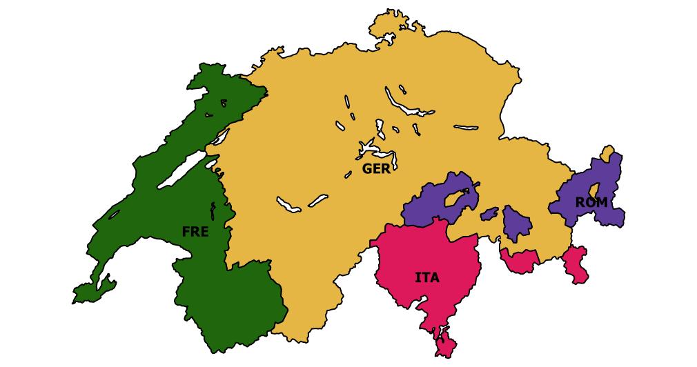 Figure 1: Linguistic areas across Switzerland Notes - Colors correspond to different linguistic areas.