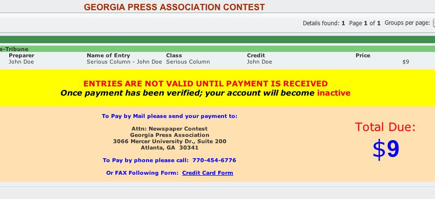 On this page, you will be able to view your contest entry totals and select your method of payment. GPA will accept checks, money orders and credit cards.
