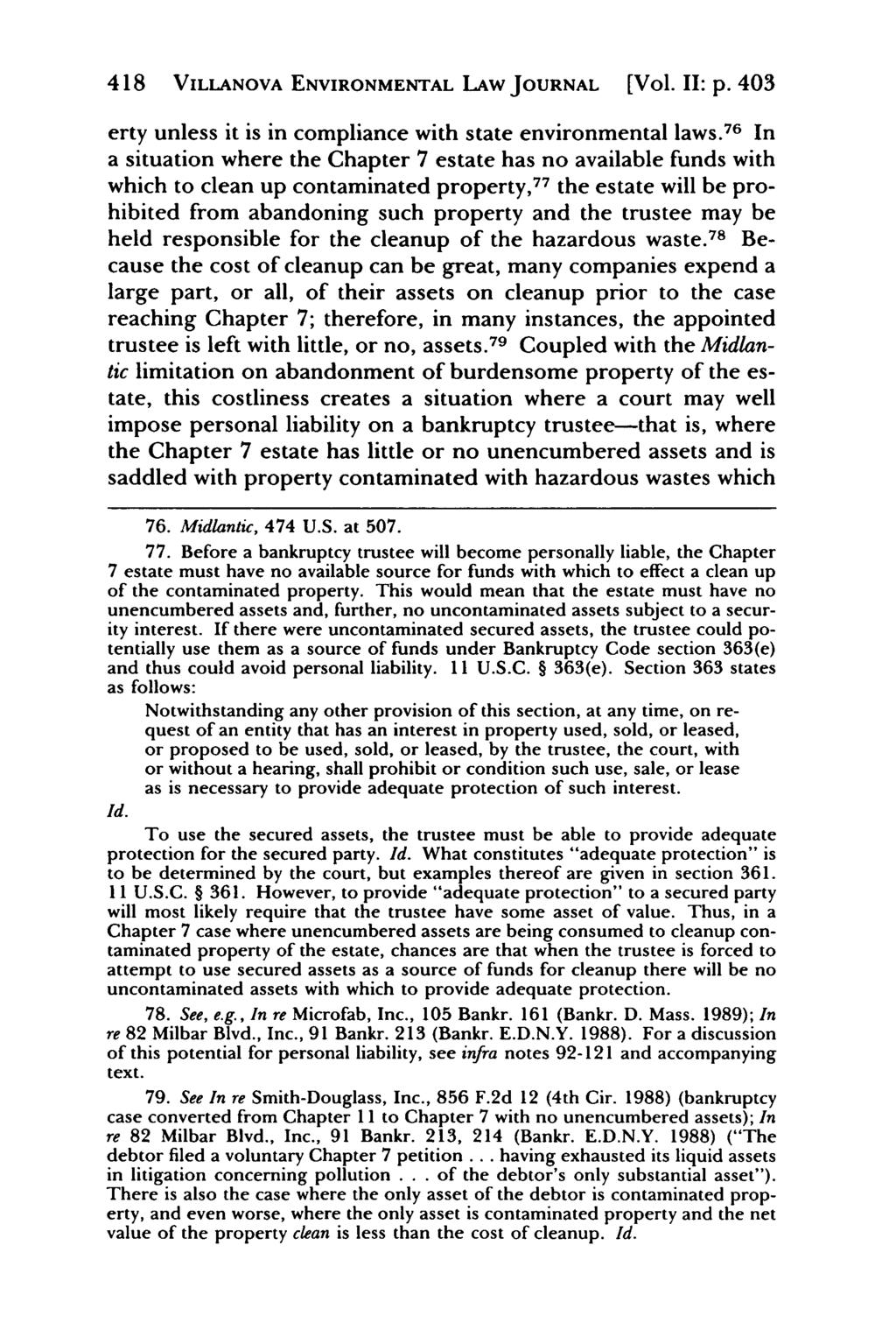 Villanova Environmental Law Journal, Vol. 2, Iss. 2 [1991], Art. 5 418 VILLANOVA ENVIRONMENTAL LAW JOURNAL [Vol. II: p. 403 erty unless it is in compliance with state environmental laws.