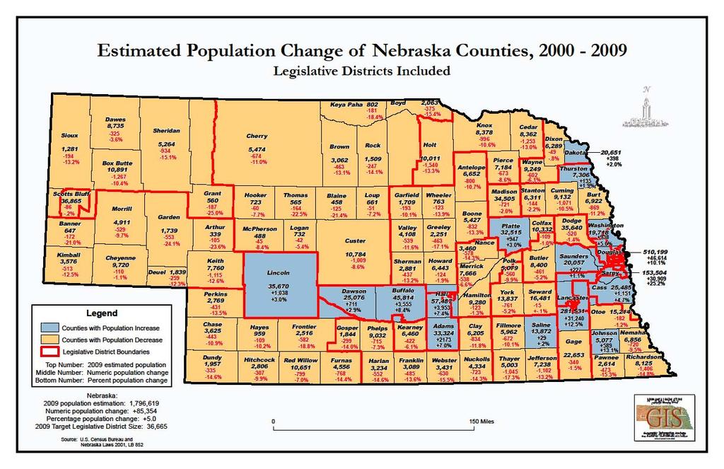 Nebraska Population Trends Using 2009 population estimates 1,796,619 people divided by 49 Legislative