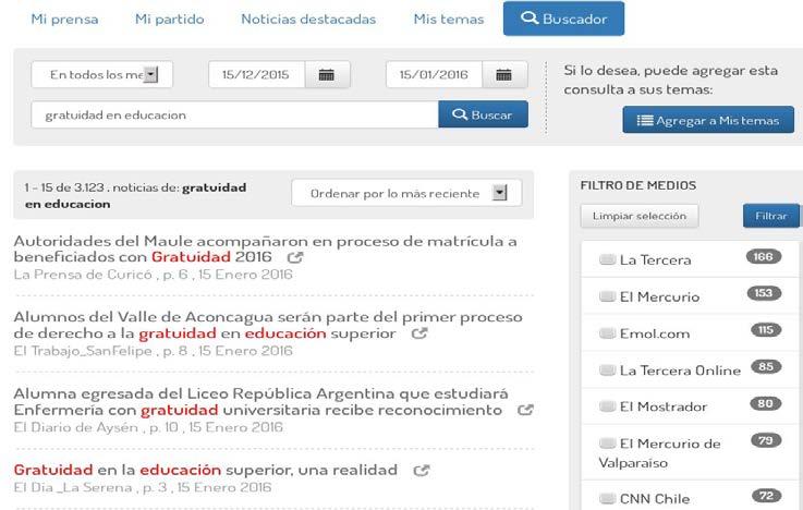 My Topics and Searches The parliamentarian can search using several keywords, and he/she can filter the results by range date or group of news media, until finding what he/she is looking for.