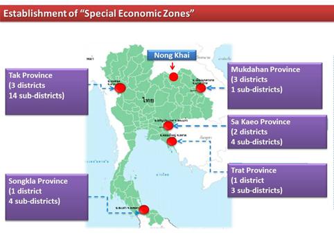 These Special Economic Zones have been planned to be established in 6 provinces, as follows: 1) Mae Sot District, Tak Province, 2) Aranyaprathet District, Sakaew Province, 3) Border area in Trat