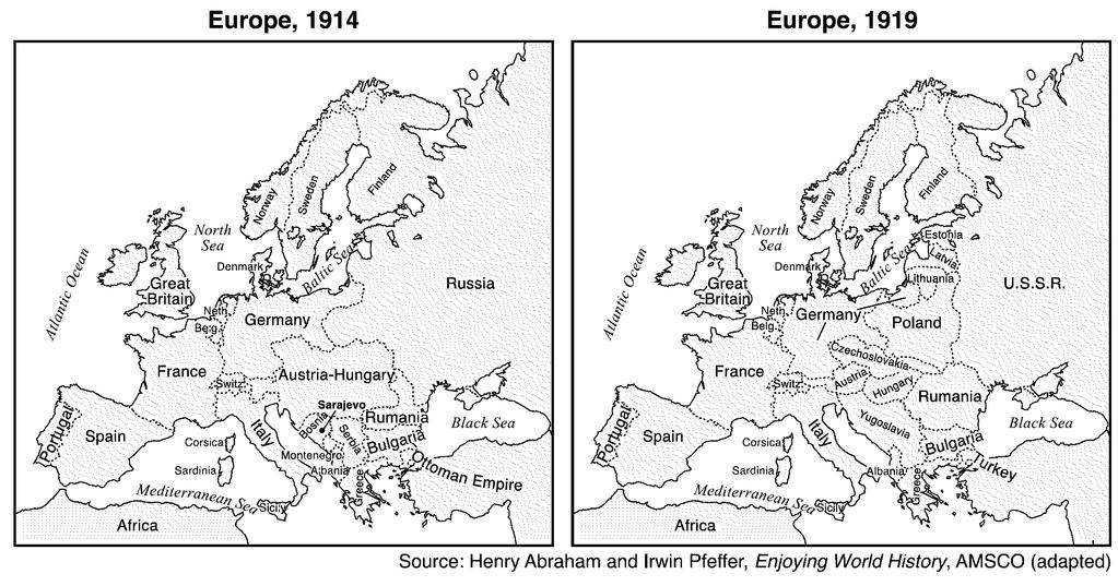3. Base your answer to the following question on the maps below and on your knowledge of social Which factor was the most significant force in causing the changes between 1914 and 1919 as shown on