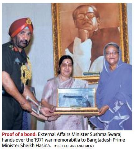 Page-10- India gifts war memorabilia to Bangladesh External A airs Minister hands over military equipment, documents and archival material India on Sunday gifted to Bangladesh Prime Minister the