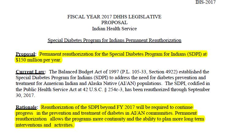 FY 2017 President s Budget Request for SDPI IHS Congressional Justification, page 222-23: Same level of