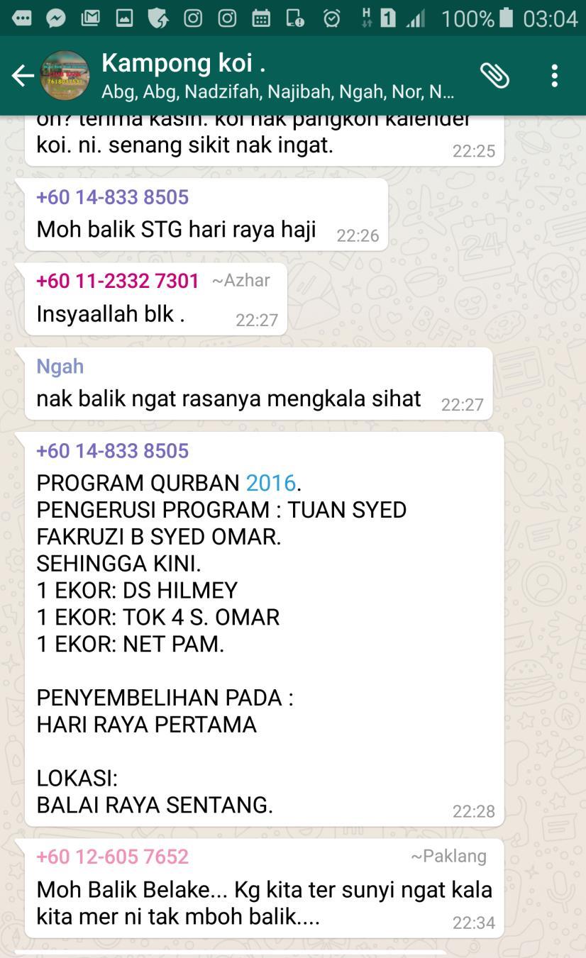 Whatsapp messenger showing a group of people from the same village who now reside in different places discussing on balik kampung (returning to