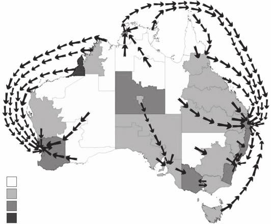 328 AUSTRALIAN JOURNAL OF LABOUR ECONOMICS DECEMBER 2006 To put the most common destinations into perspective, they are presented on top of a thematic map of Australia which summarises the net