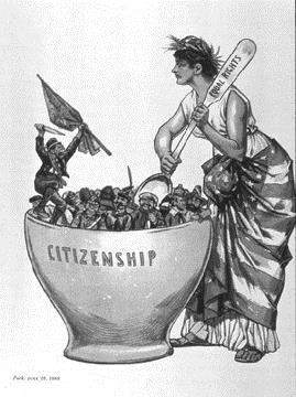 Document D: Political cartoon from 1889 (the character standing on the edge of the bowl is an Irish immigrant) 7.