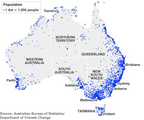 The map shows the population density in Australia. Which of the following statements BEST supports the population distribution in the country? A. The interior of Australia has more resources, therefore a more desirable place to live.