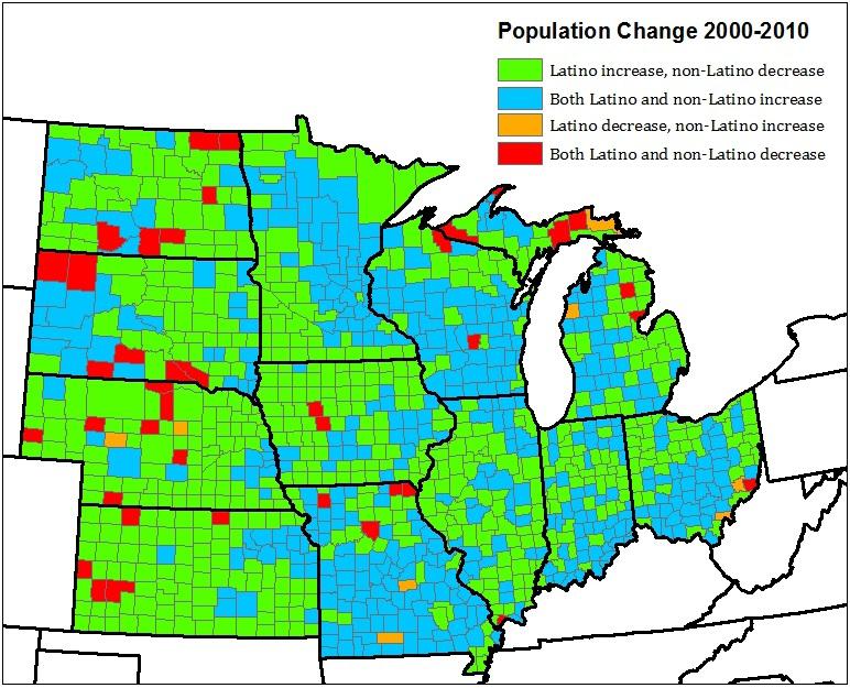While Latino population growth in metro areas is very important (accounting for about one-half to two-thirds of population growth in metro areas), the more rural counties (codes 7-9) exemplify that