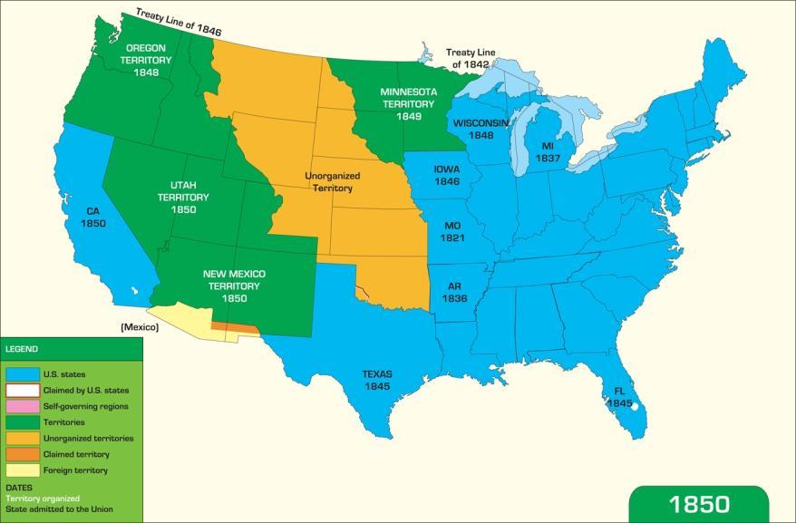New States and Territorial Acquisitions New states: Arkansas, Michigan, Florida, Texas, Iowa, Wisconsin, California Treaties