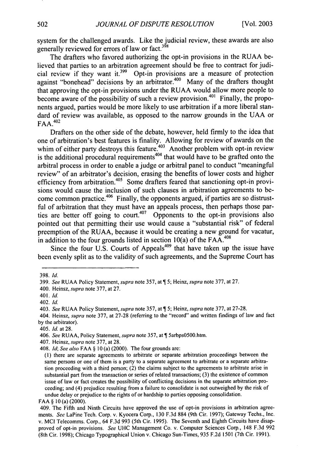 Journal of Dispute Resolution, Vol. 2003, Iss. 2 [2003], Art. 9 JOURNAL OF DISPUTE RESOLUTION [Vol. 2003 system for the challenged awards.