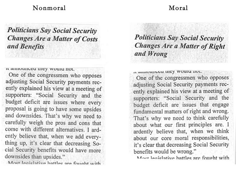 Figure 3: Experimental Stimuli Figure 3: Experimental stimuli presented to subjects who oppose Social Security cuts.