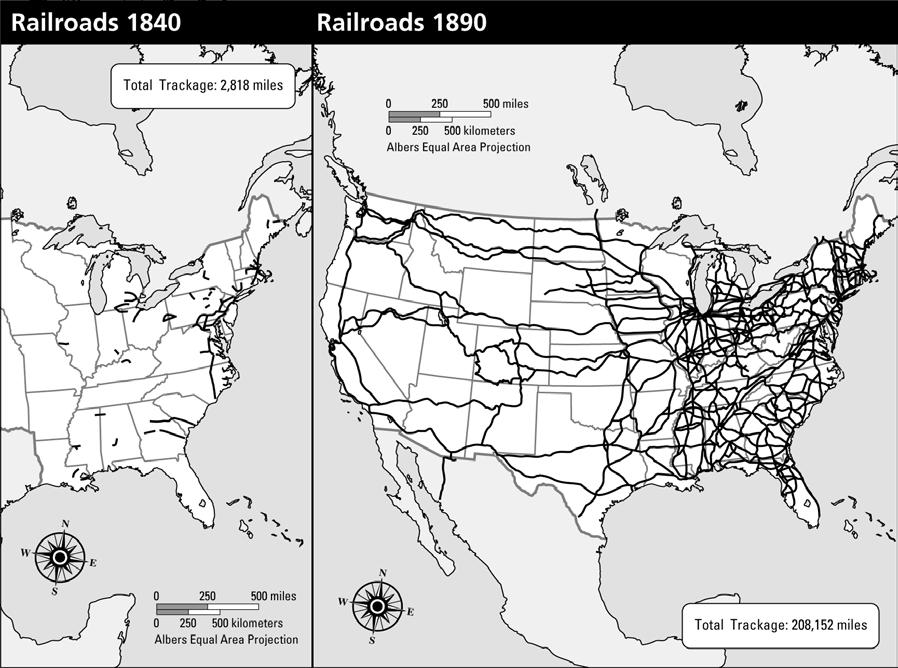 Map Skills 5) In which two directions did railroads MOSTLY transport materials and