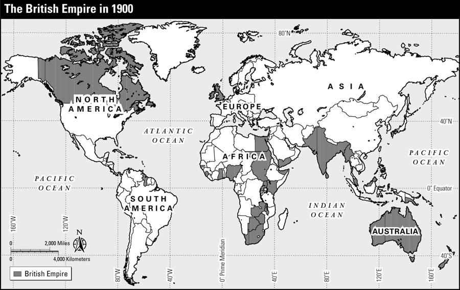 Map Skills 18) Between which of the following two lines of longitude did the British Empire hold most of its colonies?