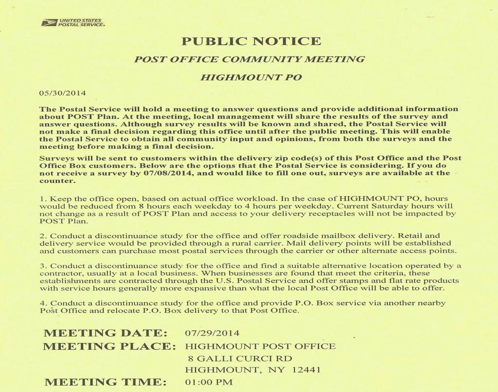 Town Board Regular Meeting 6/2/14 Page 14 TOWN CLERK ANNOUNCEMENTS All Public Notices & Town Events are posted on Channel 23 thru Time Warner, they are listed on our website shandaken.