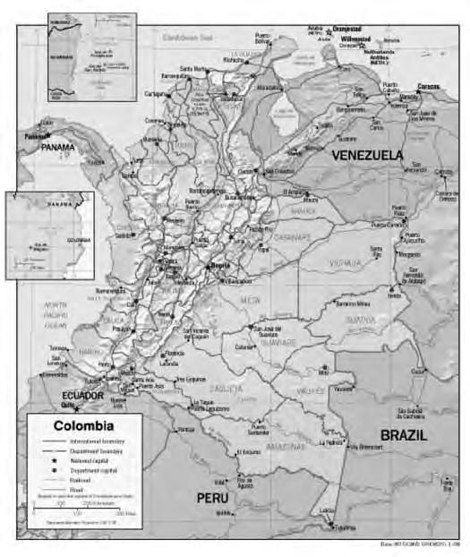 Map of Colombia. actively patrol rural Colombia, providing presence in areas of conflict and assisting in the counternarcotics campaign.