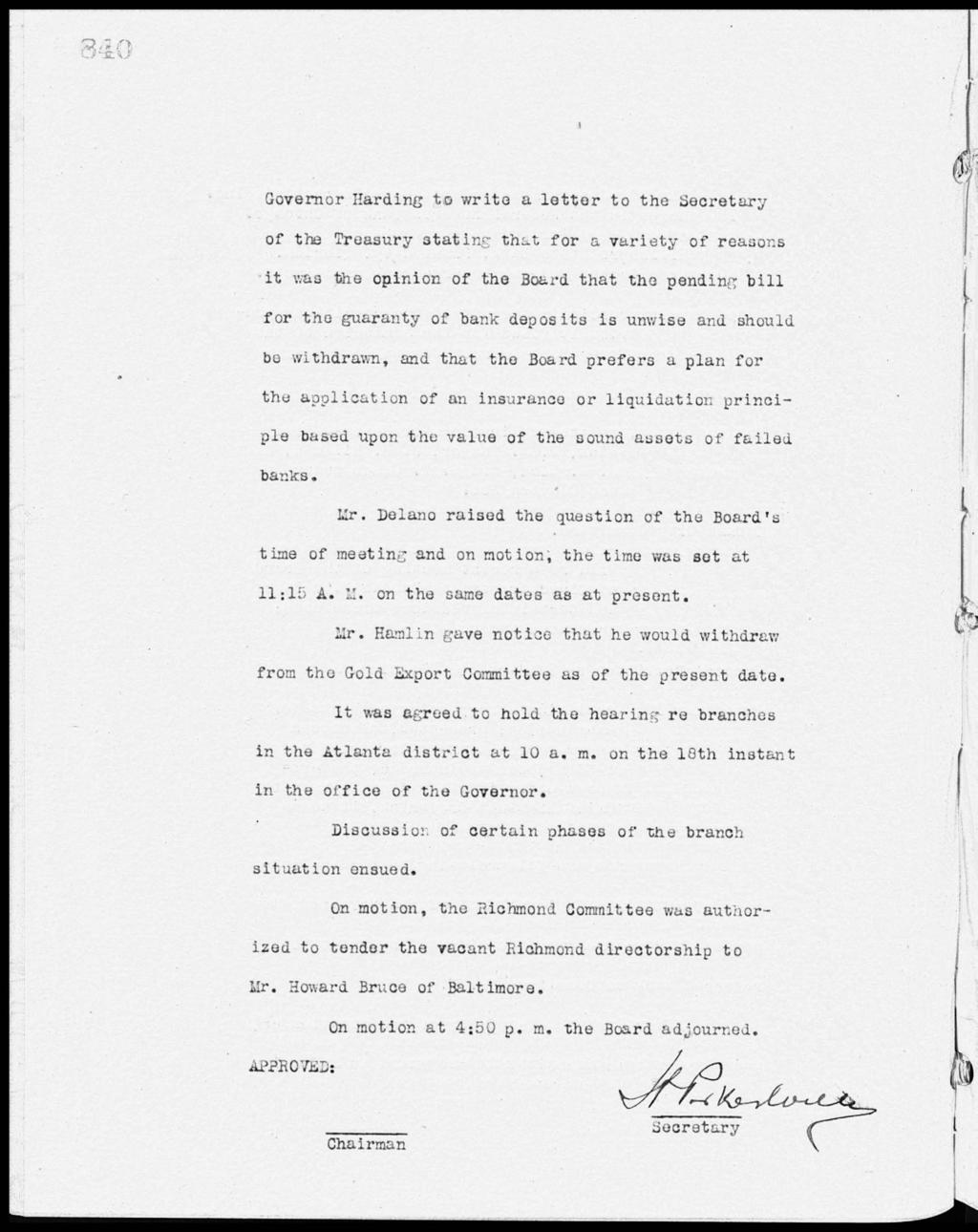 p kj! Governor Harding to write a letter to the Secretary 61,3 of the Treasury etatin that for a variety of reasons it was the opinion of the Board that the pending bill for the guaranty of bank
