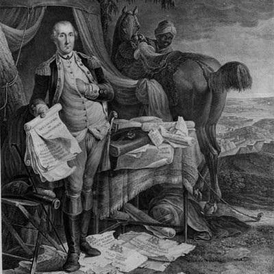 Lyric: all men are created equal This portrait of George Washington includes a slave in the background. The United States is the first government in the world to be founded on this amazing idea.