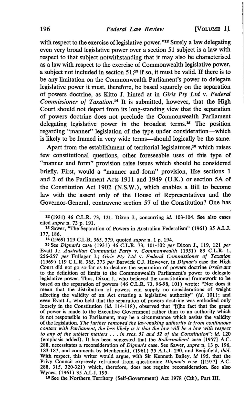 196 Federal Law Review [VOLUME 1.1 with respectto the exercise oflegislative power.