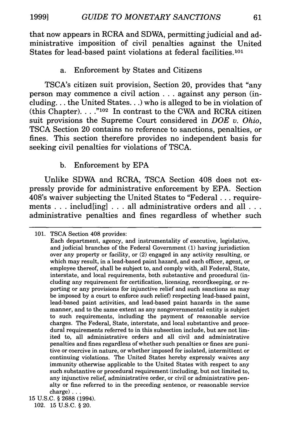 19991 GUIDE TO MONETARY SANCTIONS that now appears in RCRA and SDWA, permitting judicial and administrative imposition of civil penalties against the United States for lead-based paint violations at