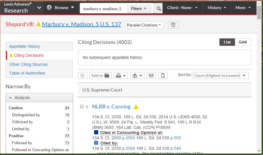 138 Figure 5.5b: Using an electronic citator as a research tool. Click here for screencast: http://youtu.be/hf5jw-of9l0. Reprinted from LexisNexis with permission. Copyright 2015 LexisNexis.