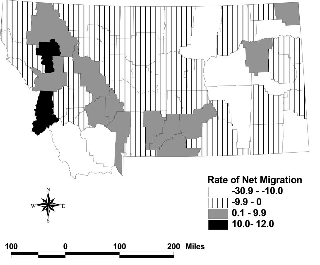 184 Great Plains Research Vol. 20 No. 2, 2010 Figure 3. Net migration by county for Montana, 1995-2000. Source: U.S. Bureau of the Census 2005.