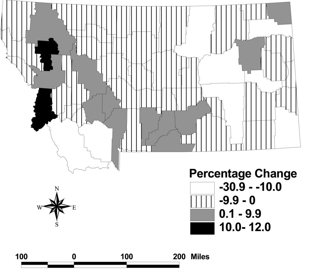 Determinants of Net Migration in Montana Evelyn D. Ravuri 185 Figure 4. Percentage change in population by county for Montana, 1995-2000. Source: U.S. Bureau of the Census 2001.