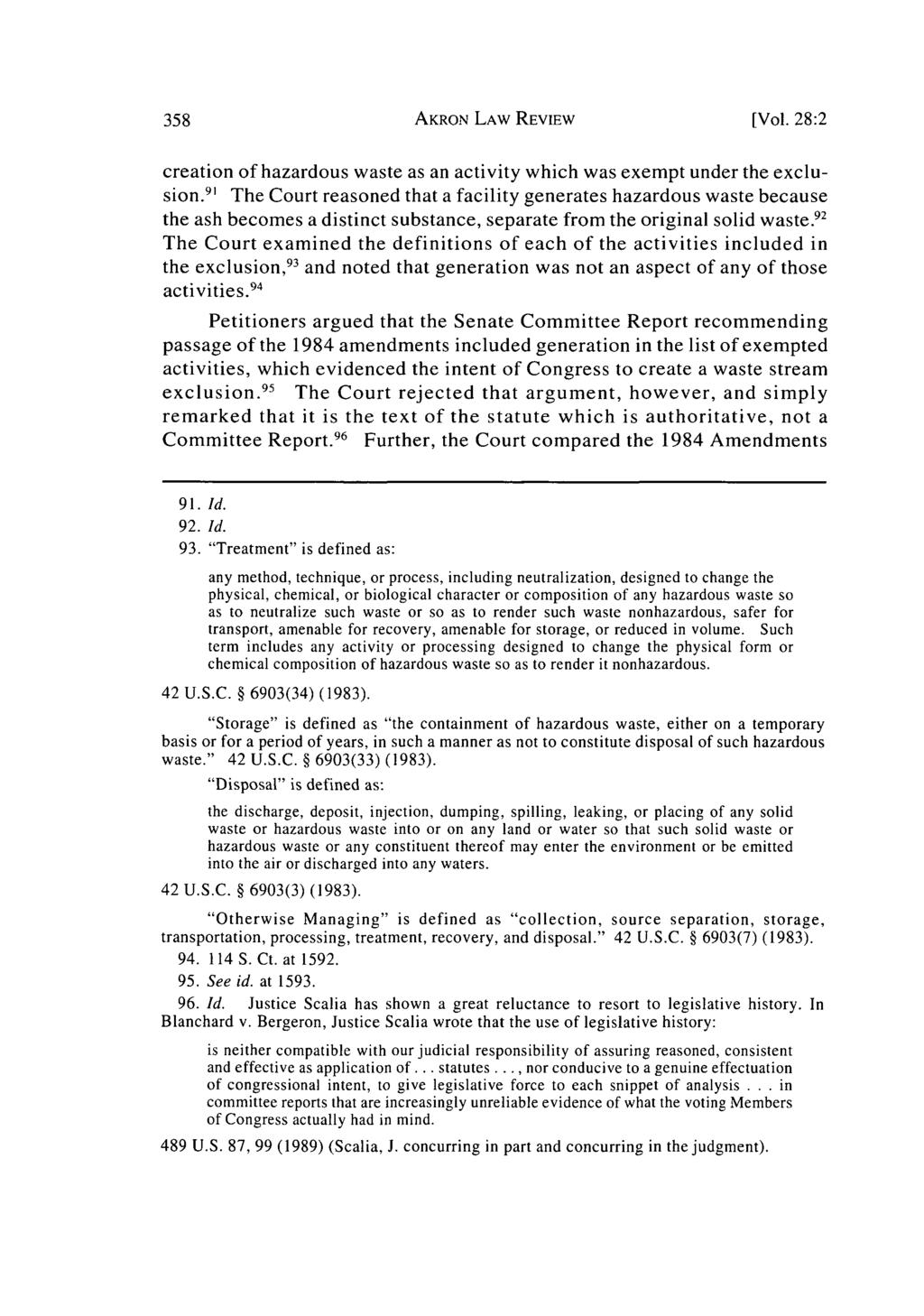 Akron Law Review, Vol. 28 [1995], Iss. 2, Art. 8 AKRON LAW REVIEW [Vol. 28:2 creation of hazardous waste as an activity which was exempt under the exclusion.