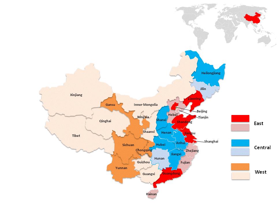Figure 2 Panel Data with Minimum Wages in China The panel data used in the analysis include 16 provinces (darker areas in the map) covering three regions in Mainland China.