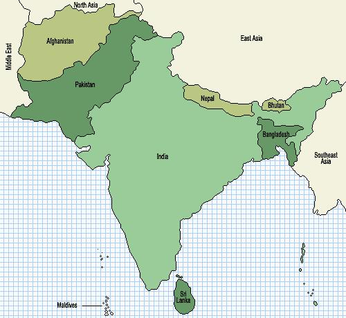 South Asia includes India, Pakistan, Bangladesh, Sri Lanka, and the small Himalayan states of Nepal and Bhutan.