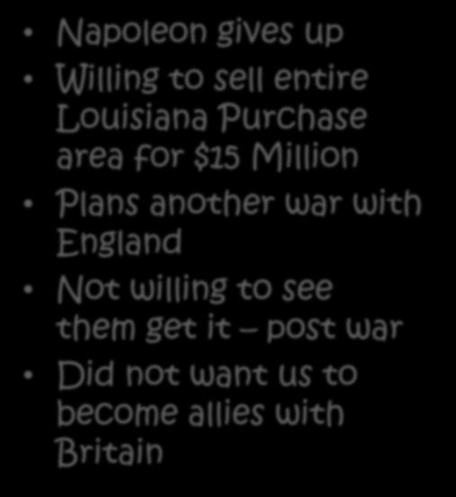 French Napoleon gives up Willing to sell entire Louisiana Purchase area for $15 Million Plans