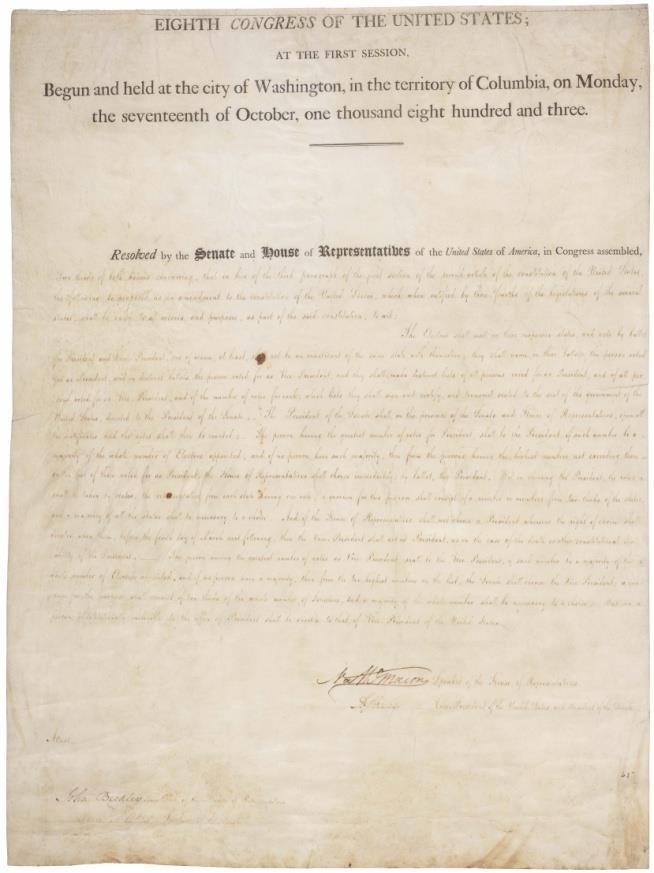 Twelfth Amendment Ratified in 1804 Started after the election of 1796 In that Election Adams was elected President (Federalist) and Jefferson (a