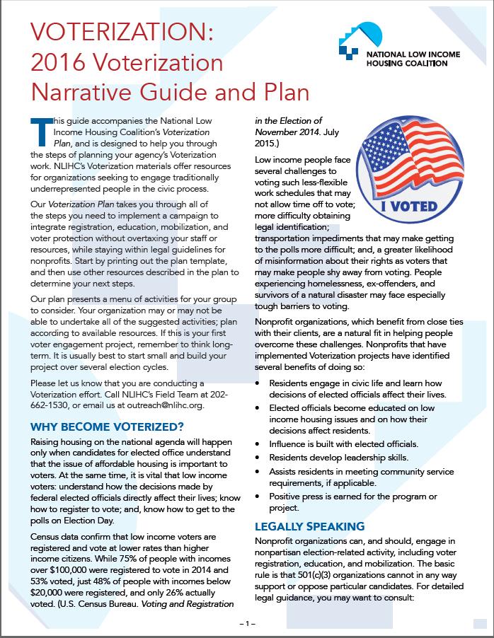 NLIHC s Tools & Resources The Voterization Plan is a step-bystep