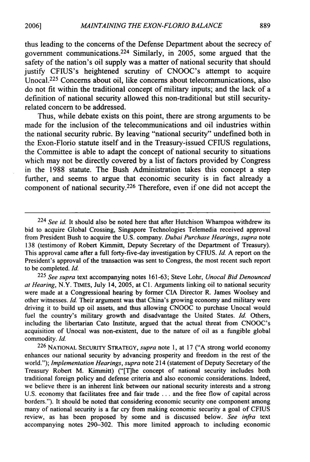 2006] MAINTAINING THE EXON-FLORIO BALANCE thus leading to the concerns of the Defense Department about the secrecy of government communications.
