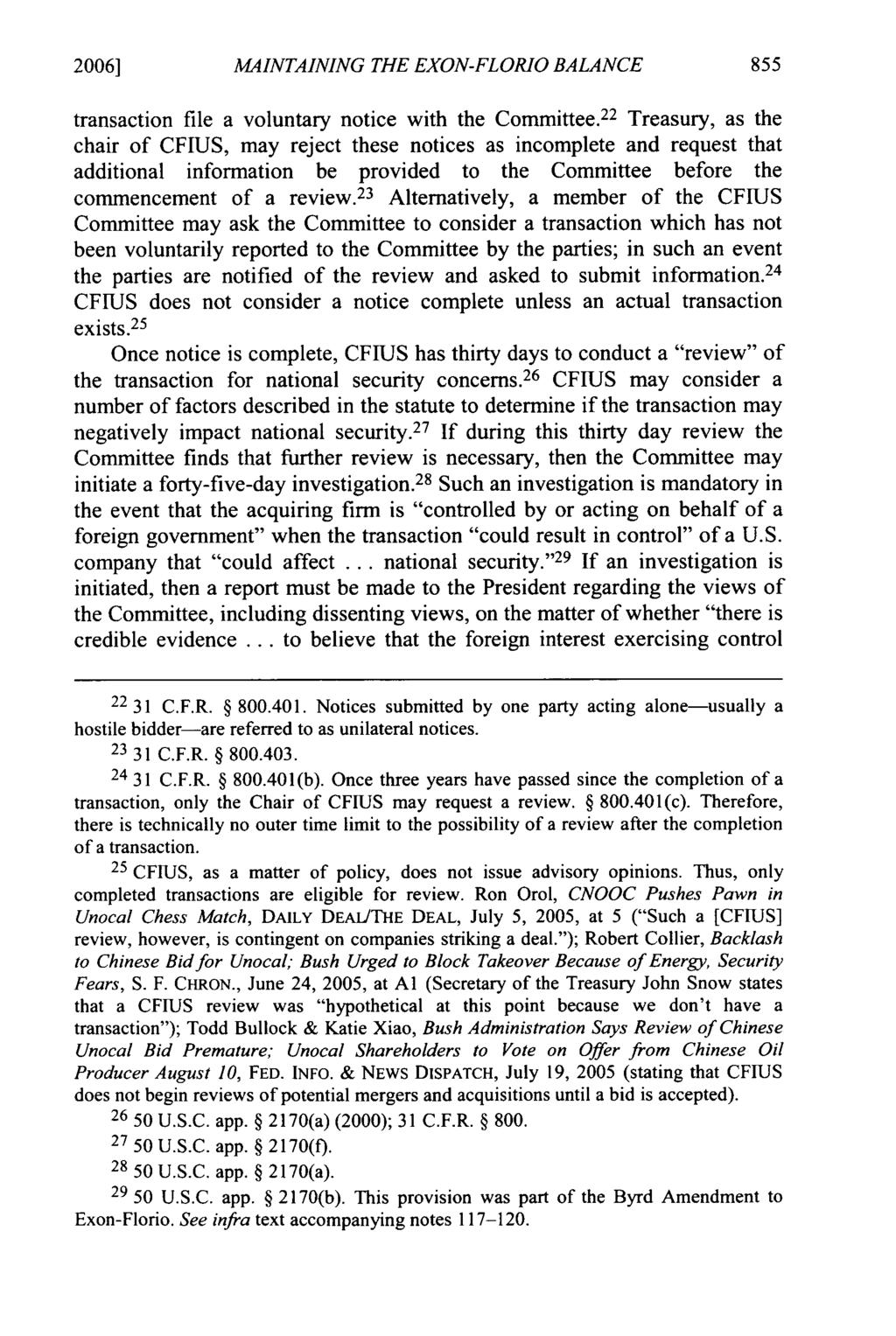 2006] MAINTAINING THE EXON-FLORIO BALANCE transaction file a voluntary notice with the Committee.