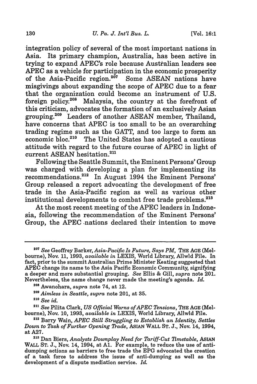 University of Pennsylvania Journal of International Law, Vol. 16, Iss. 1 [2014], Art. 3 U. Pa. J. Int'l Bus. L. [Vol. 16:1 integration policy of several of the most important nations in Asia.