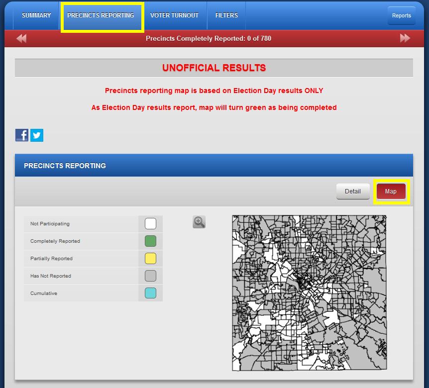 Click on the Map option in Precincts Reporting to see an overview of the precinct statuses across the County.