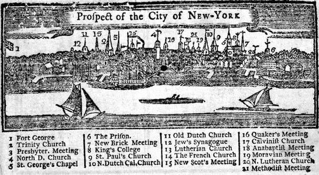 A 1771 image of New York City lists some of the numerous churches visible from the New