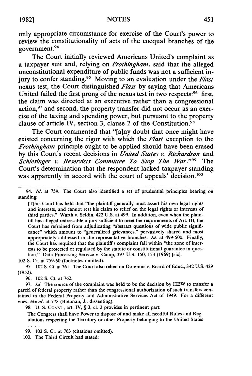 19821 NOTES only appropriate circumstance for exercise of the Court's power to review the constitutionality of acts of the coequal branches of the government.
