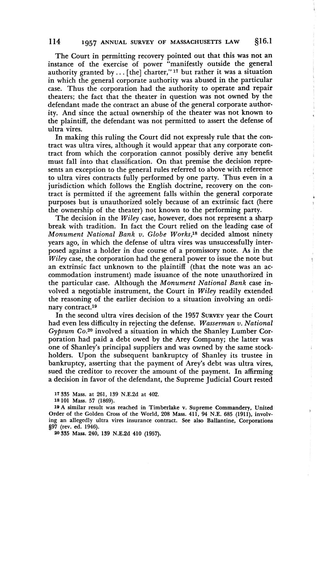 Loewenberg: Chapter 16: Corporations 114 1957 ANNUAL SURVEY OF MASSACHUSE'ITS LAW 16.