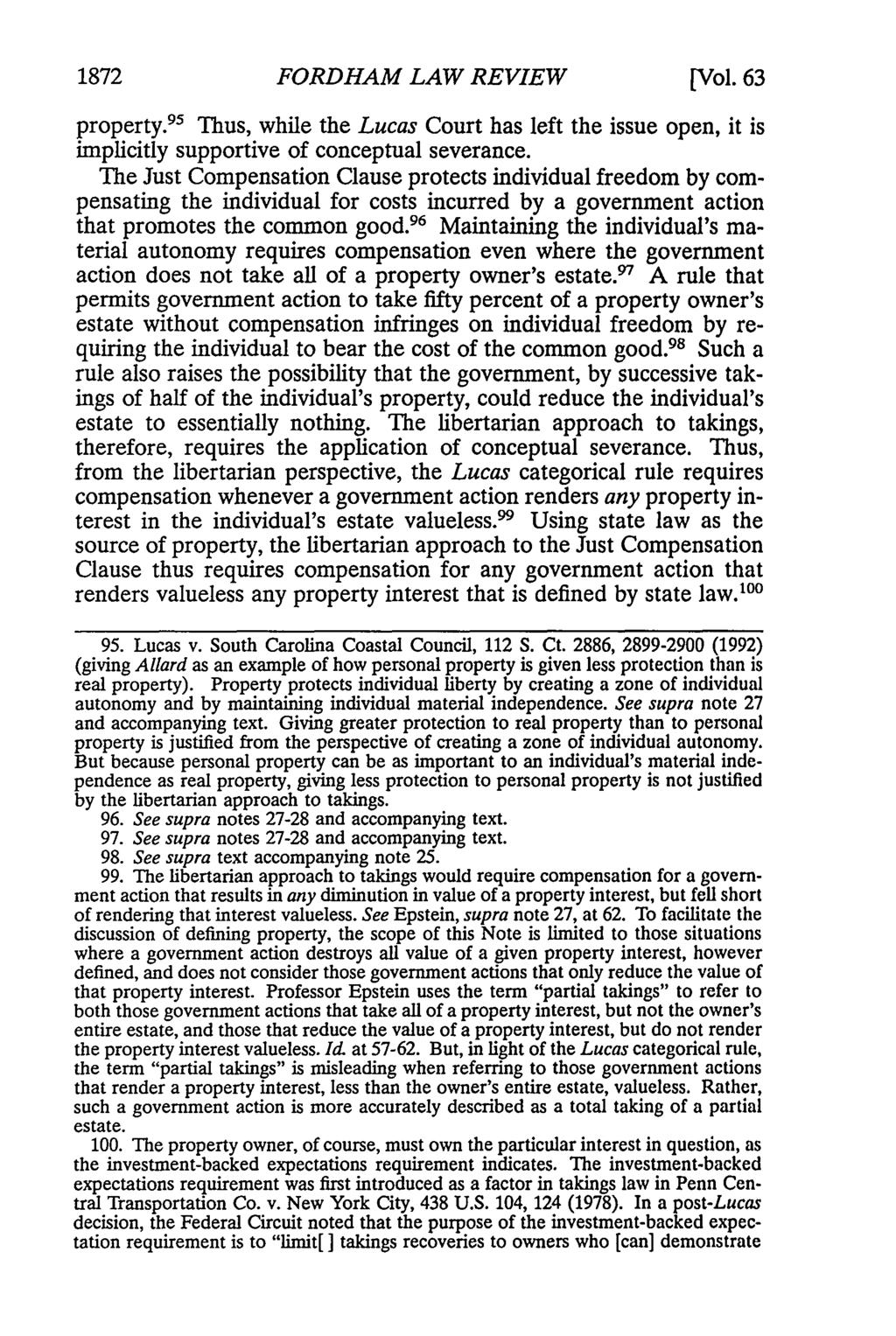 1872 FORDHAM LAW REVIEW [V9ol. 63 property. 9 5 Thus, while the Lucas Court has left the issue open, it is implicitly supportive of conceptual severance.