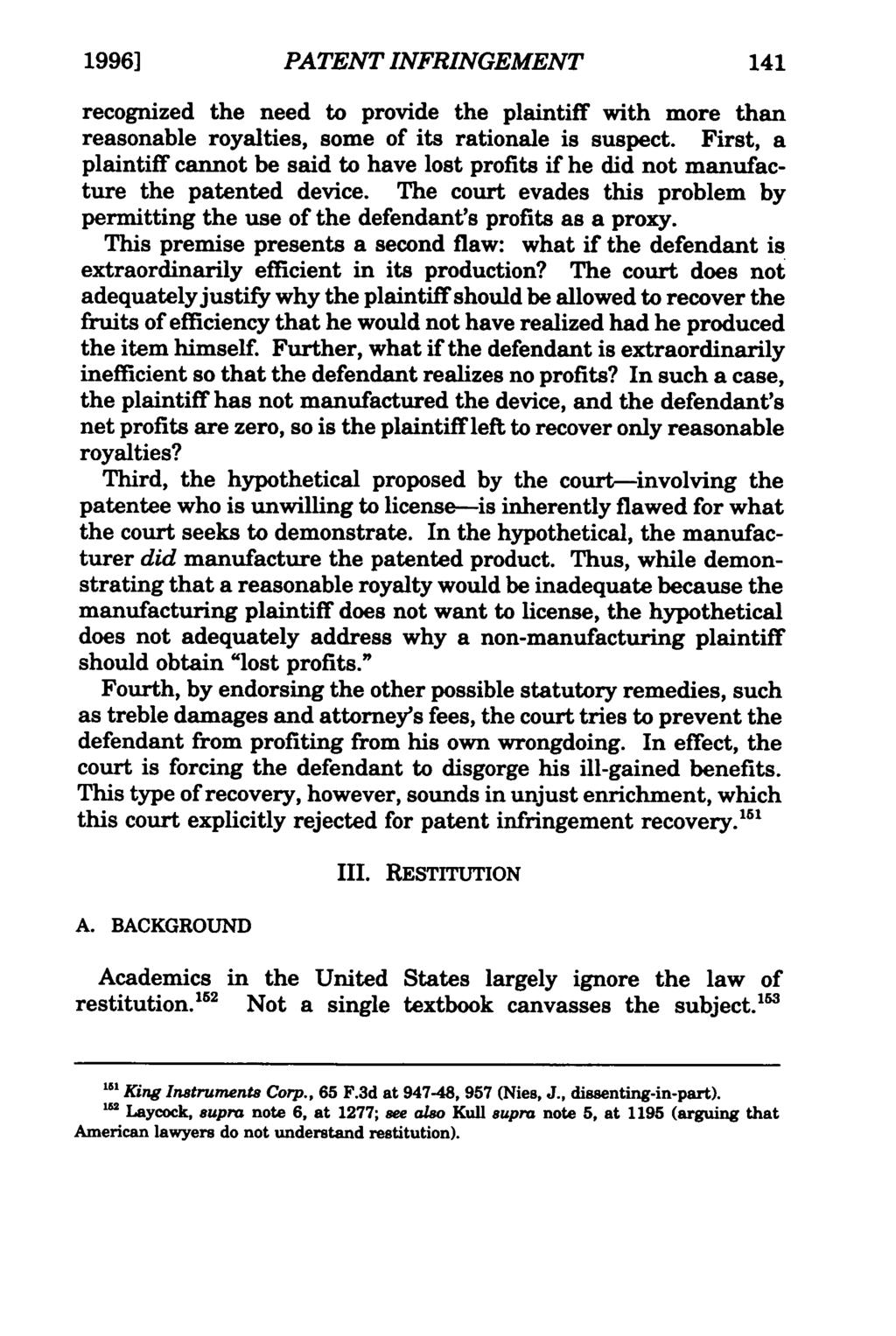 1996] Mohamed: Unjust Enrichment for Patent Infringement: A Novel Idea?