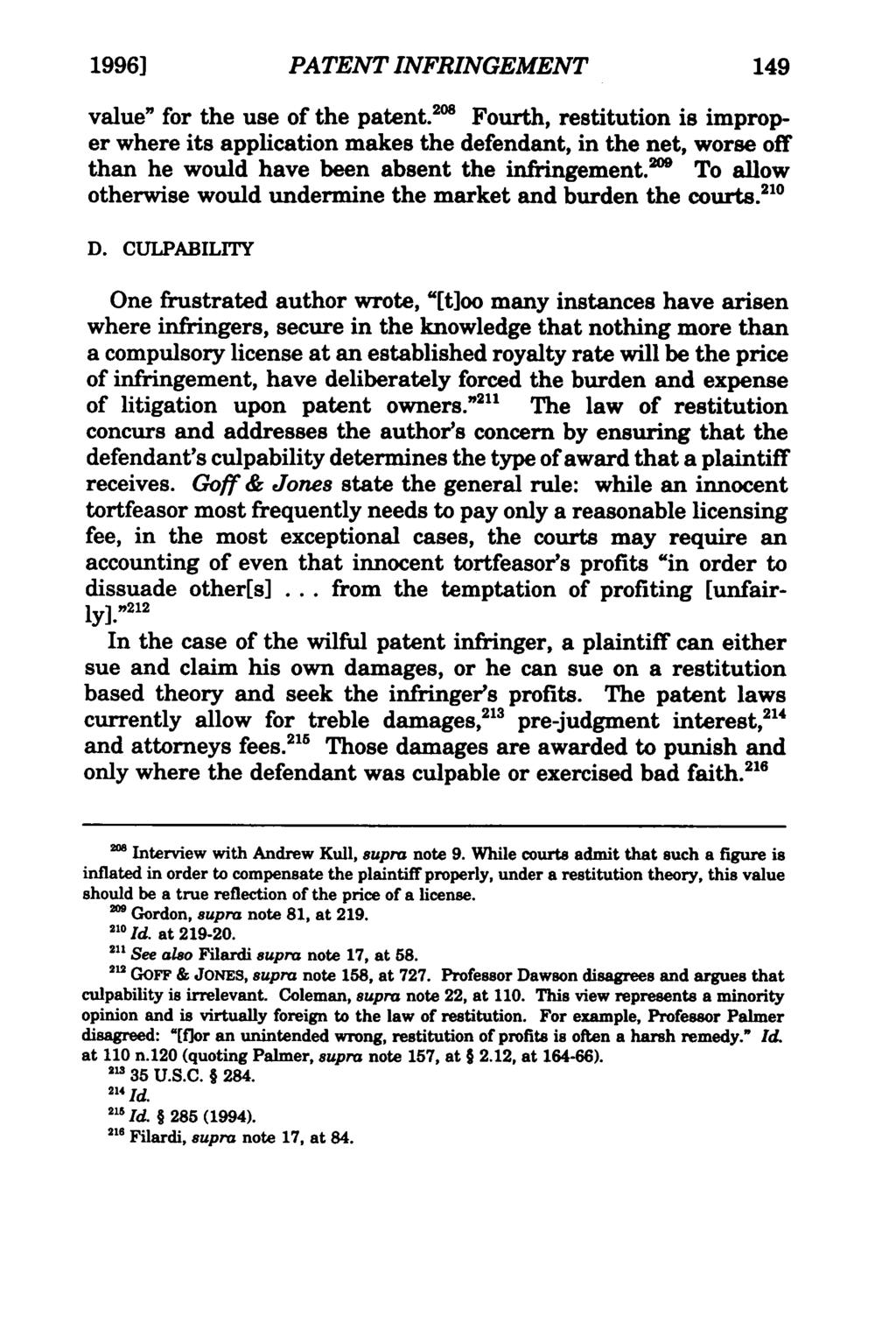 1996] Mohamed: Unjust Enrichment for Patent Infringement: A Novel Idea? PATENT INFRINGEMENT value" for the use of the patent.