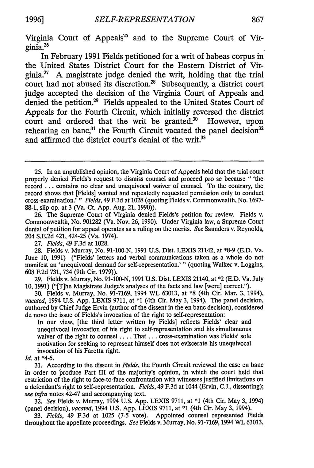 1996] SELF-REPRESENTATION 867 Virginia Court of Appeals' and to the Supreme Court of Virginia.