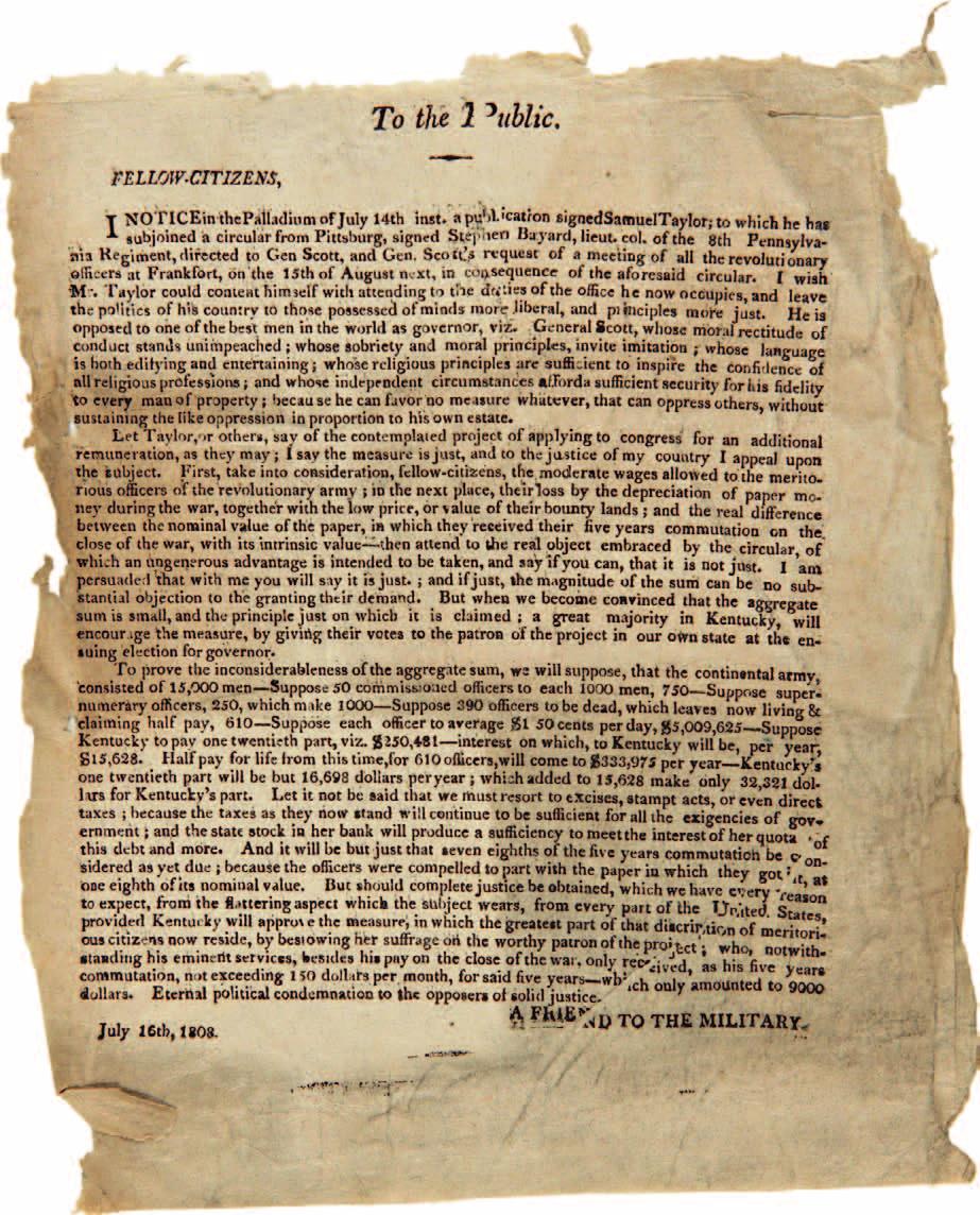 1812. This broadside urges support of the effort to approve funding for the pensions of Revolutionary War veterans, and Scott s run for the governorship succeeded the following month.