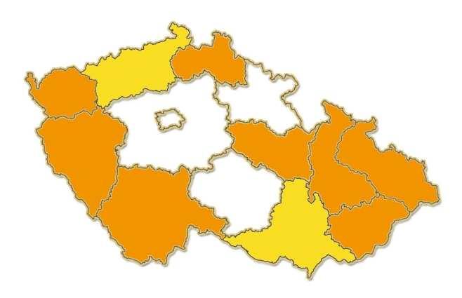 Description of the map of the Czech Republic with the Integration Centers 5 : Orange color Integration Centers coordinated by the RFA MI Yellow color regions where the Integration Centers are