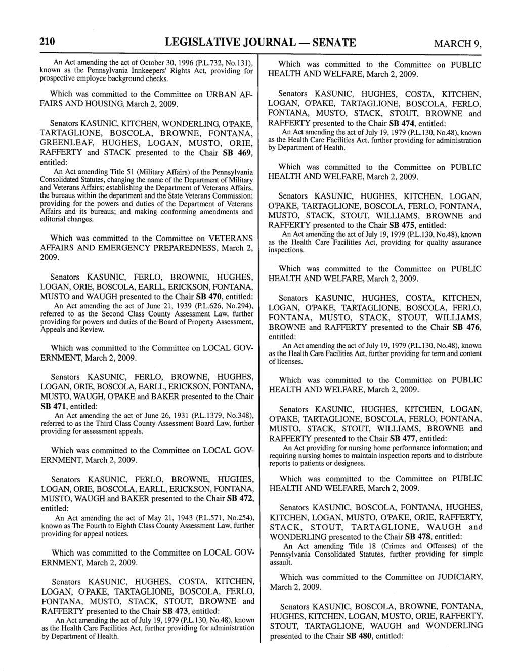 210 LEGISLATIVE JOURNAL - SENATE MARCH 9, An Act amending the act of October 30, 1996 (P.L.732, No.